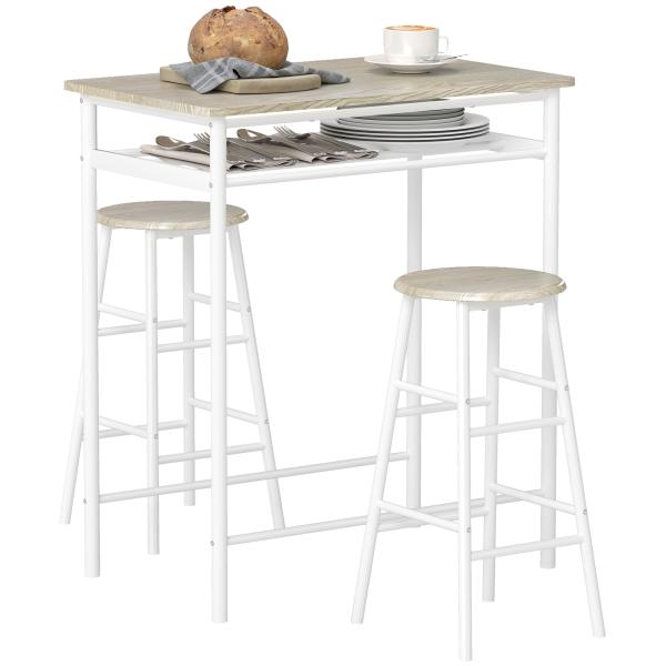 Conjunto de Móvel Bar com Mesa Alta e 2 Bancos com Prateleira de Armazenamento e Estrutura de Metal 80x50x90cm Branco e Madeira