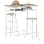 Conjunto de Móvel Bar com Mesa Alta e 2 Bancos com Prateleira de Armazenamento e Estrutura de Metal 80x50x90cm Branco e Madeira