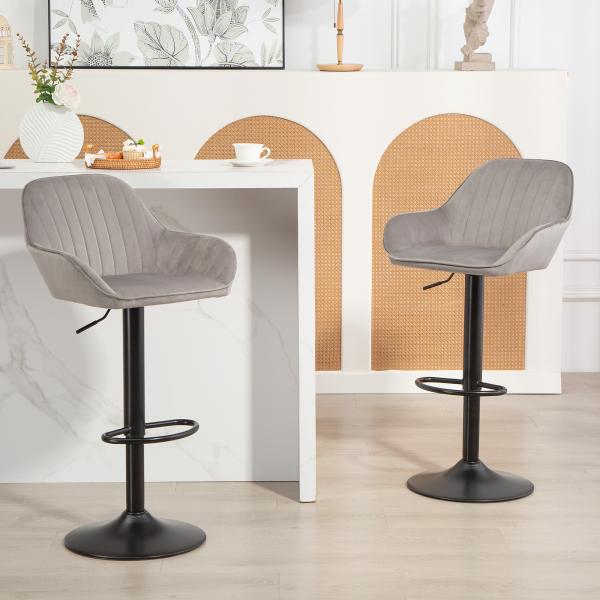 Conjunto de 2 Bancos de Bar Giratórios em Veludo, Altura Ajustável 62 - 83 cm, com Encosto e Apoio para os Pés, Cinzento