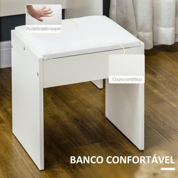 Toucador de Maquilhagem com Banco Espelho 4 Gavetas 4 Compartimentos de Armazenamento Estilo Moderno 80x38x143cm Branco