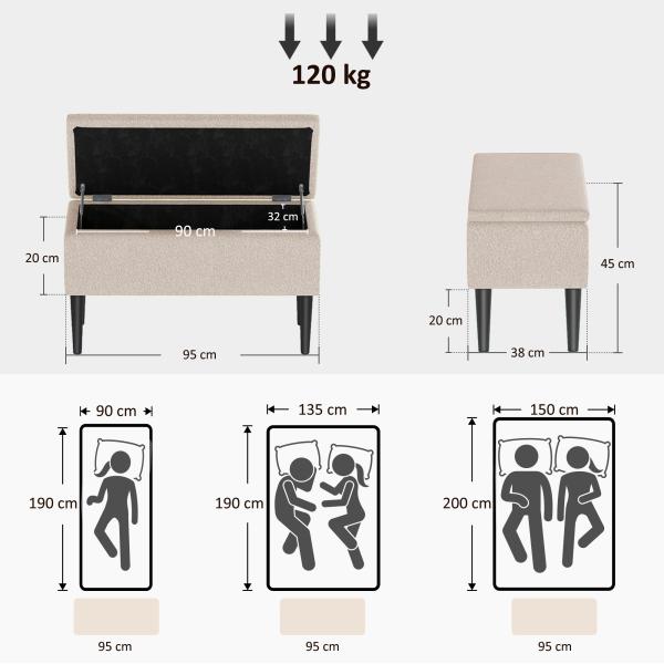 Banco de Armazenamento em Borrego Capacidade 47L Tampa Abatível e Pés de Madeira de Borracha Carga 120 kg 95x38x45 cm Bege