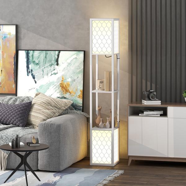 Candeeiro de Pé de Madeira com Estantes Lâmpada E27 Máx. 40W com Interruptor 26x26x156 cm Branco