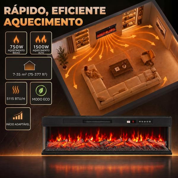 Lareira Elétrica Encastrável ou de Chão 750/1500W, 3 Lados, 12 Cores de Chama 3D, Termóstato, Comando à Distância, Preto