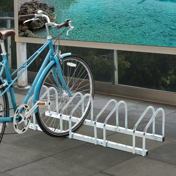 Estacionamento para 5 Bicicletas Suporte de Aço para Estacionar Bicicletas no Chão para Interior e Exterior 145x33x27cm Prata