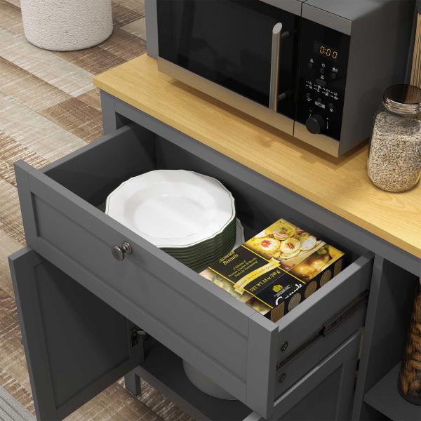 Armário de Cozinha Alto com 5 Portas Prateleira Ajustável, Gaveta Bancada Aberta para Microondas Orifício para Cabo 100x40x180 cm Cinza