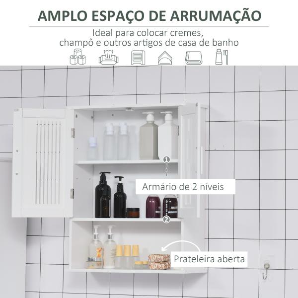 Armário de Parede Casa de Banho com Armazenamento 2 Portas em Ripas Prateleira Ajustável e Compartimento 60x20x70 cm Branco