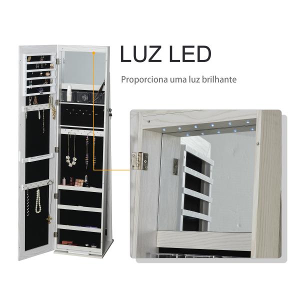Joalheiro de Pé Armário para Joias com 6 Luzes LED Fechadura Organizador de Joias com Prateleiras Suportes para Anéis 38x38x157cm Branco