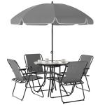 Conjunto de Mesa e Cadeiras de Jardim de 6 Peças com 4 Cadeiras Dobráveis Mesa de Vidro e Chapéu de Sol Cinzento