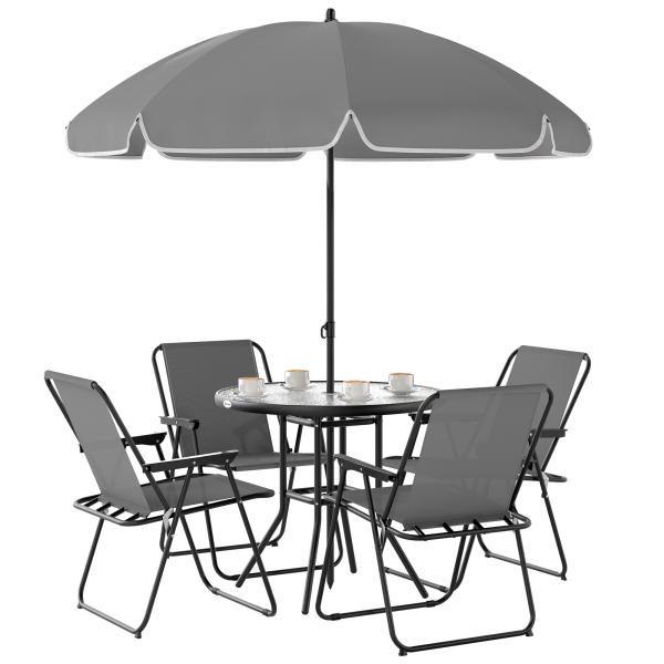 Conjunto de Mesa e Cadeiras de Jardim de 6 Peças com 4 Cadeiras Dobráveis Mesa de Vidro e Chapéu de Sol Cinzento