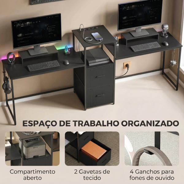 Mesa Gaming Dupla de 244 cm com Estação de Carga Portos USB Suportes para Monitor Gavetas de Tecido Preto