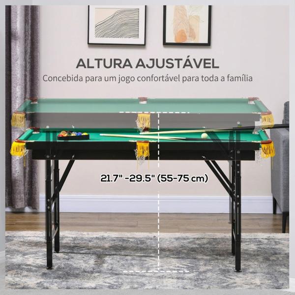 Mesa de Bilhar Dobrável 140 cm com Altura Ajustável, 16 Bolas, 2 Tacos, 2 Giz, Triângulo e Escova, Verde