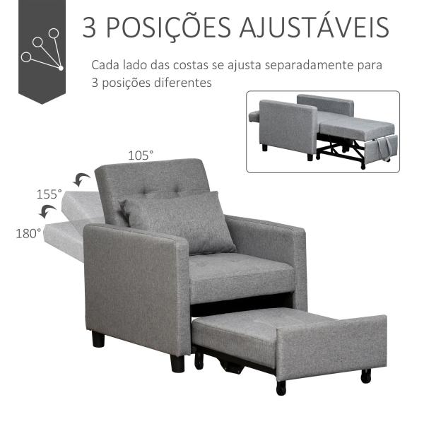 Sofá - cama Individual Poltrona com encosto reclinável Almofada removível Assento acolchoado e 4 rodas 69x82.5x84 cm Cinza