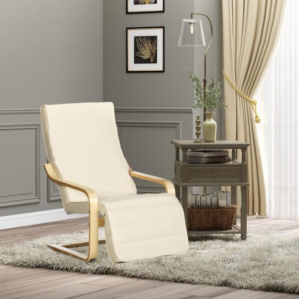 Poltrona Relax com Apoio para os Pés Ajustável Estofada em Tecido com Estrutura de Madeira 66,5x94x100 cm Creme