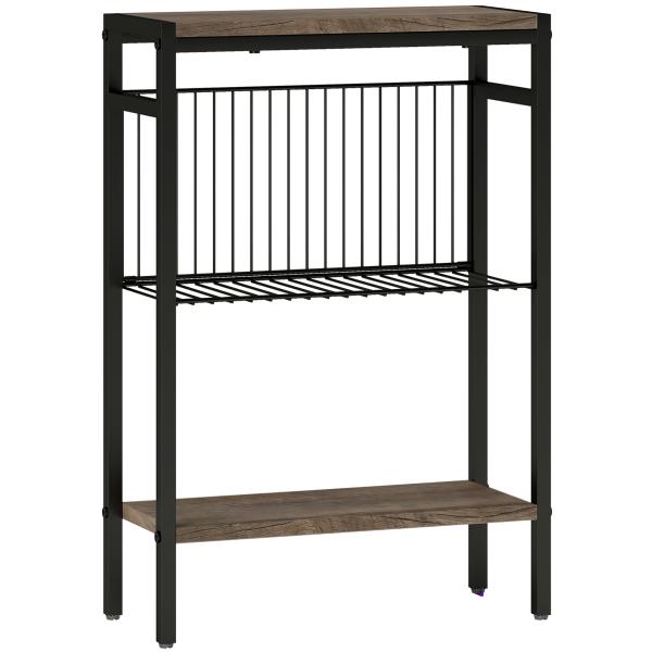 Mesa Auxiliar Estreita de 3 Níveis com Prateleiras Abertas e Estrutura de Aço para Sala e Quarto 43x18x62,5cm Carvalho