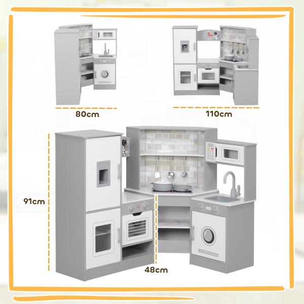 Cozinha de Madeira para Crianças com Sons Forno Lavatório Micro - Ondas Máquina de Gelo e Acessórios 110x80x91 cm Cinza