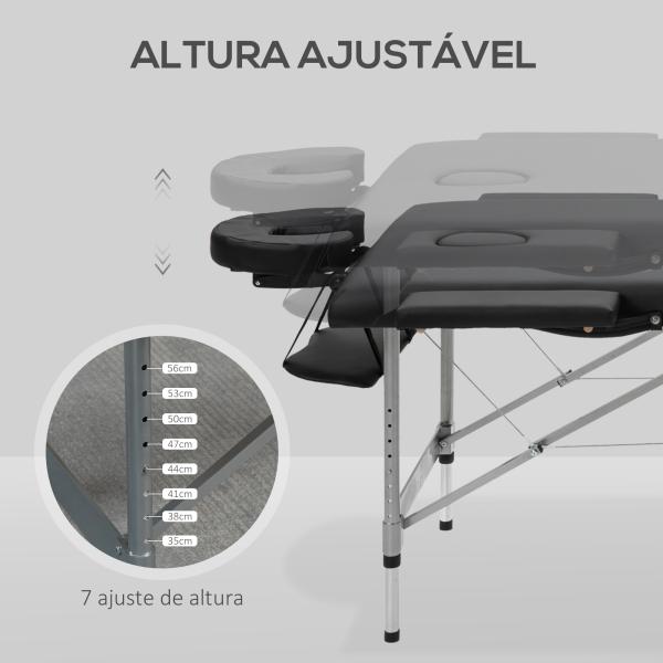 Marquesa de Massagem Dobrável com Altura Regulável em 7 Níveis, Apoio de Cabeça e Braços, 185x70x58 - 82 cm, Preto