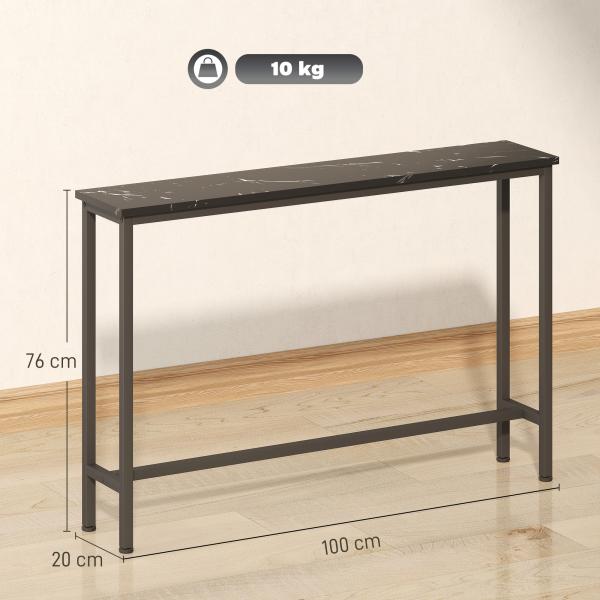 Mesa Consola Moderna Consola de Entrada Estreita com Superfície com Efeito Mármore e Estrutura de Metal 100x20x66 cm Preto