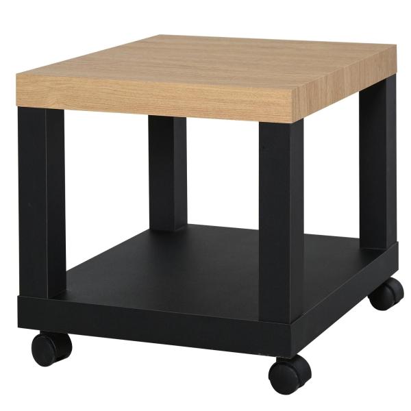 Mesa de Apoio para sofá mesa lateral com prateleira aberta Rodas 40x40x40 Preto e Madeira