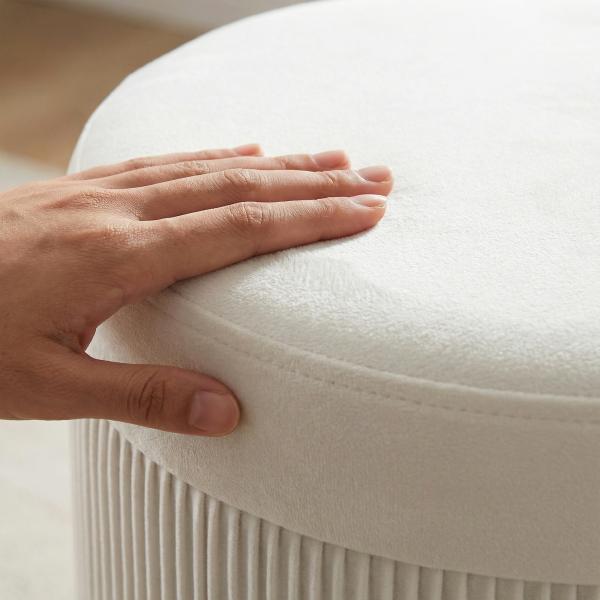 Puff de Arrumação Banco de Arrumação Dobrável 35 L 38x38x38 cm Estofado em Veludo Baú de Arrumação Redondo Creme