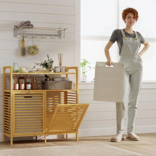 Móvel de Casa de Banho com Cesto para Roupa Suja Móvel para Roupa Suja em Bambu 2 Sacos de Roupa 82x33x88 cm Madeira