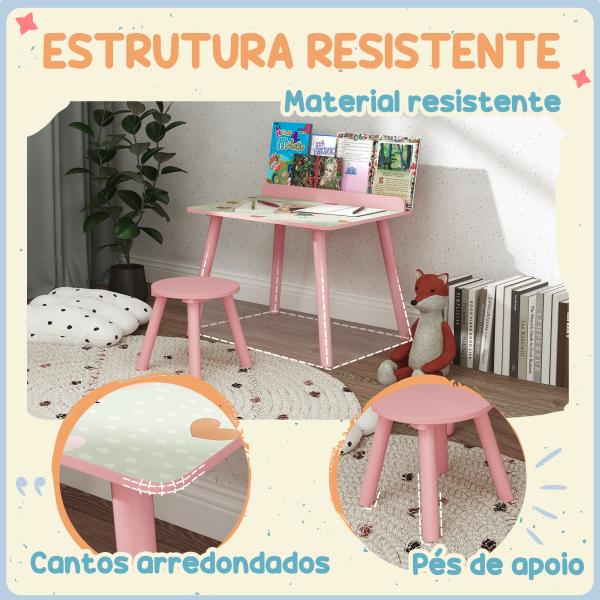 Mesa e Cadeira para Crianças com Prateleira para Livros Secretária para Crianças acima de 3 Anos Rosa