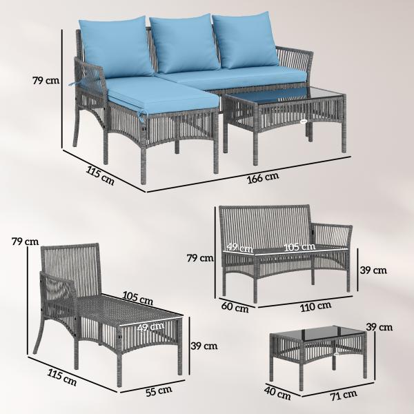 Conjunto de Jardim Exterior de Vime com Sofá de 2 Lugares, Chaise Longue e Mesa de Centro com Vidro Temperado Azul Claro