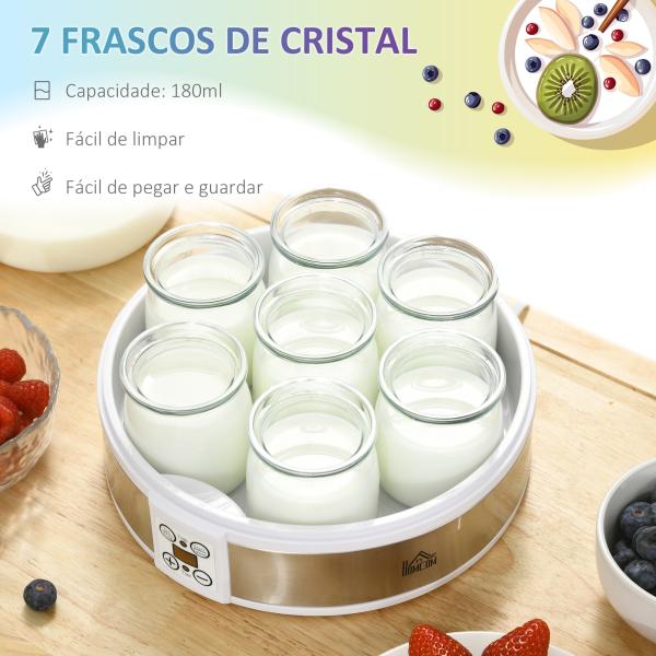 Iogurteira 20W Capacidade 1,26L com 7 Frascos de Cristal de 180 ml Termóstato Ajustável Temporizador de 1 - 48 horas 24x24x13 cm Branco