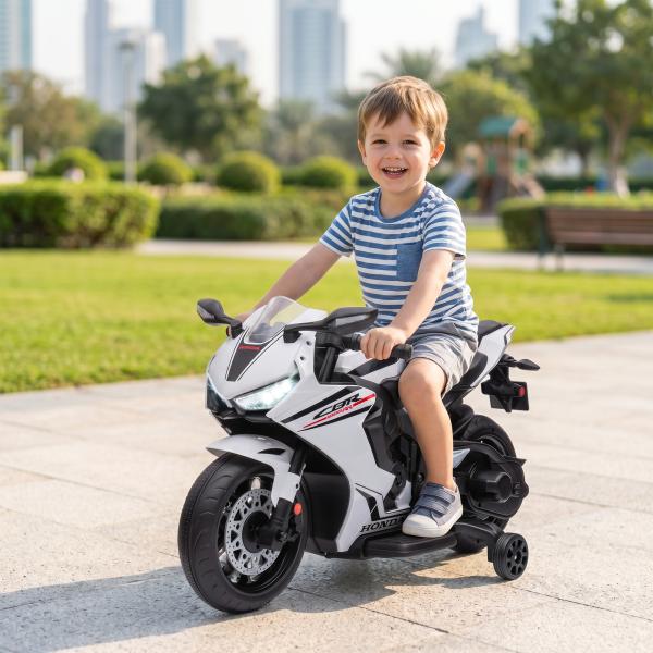 Mota Elétrica com Licença HONDA para Crianças de 3 - 5 Anos Mota a Bateria 6V com Farol Buzina Música 90x44x52cm Branco