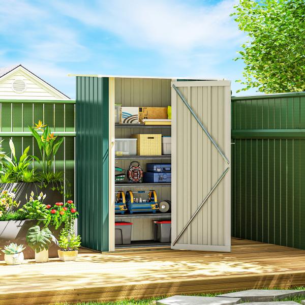 Abrigo de Jardim 142x84x189cm Abrigo de Jardim de Aço Galvanizado com Porta Fechadura e Orifícios de Drenagem para Armazenamento de Ferramentas Verde