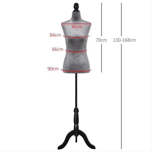 Manequim de Costura Feminino Manequim de Costura Ajustável a 130 - 168 cm com Tripé de Madeira Cinza