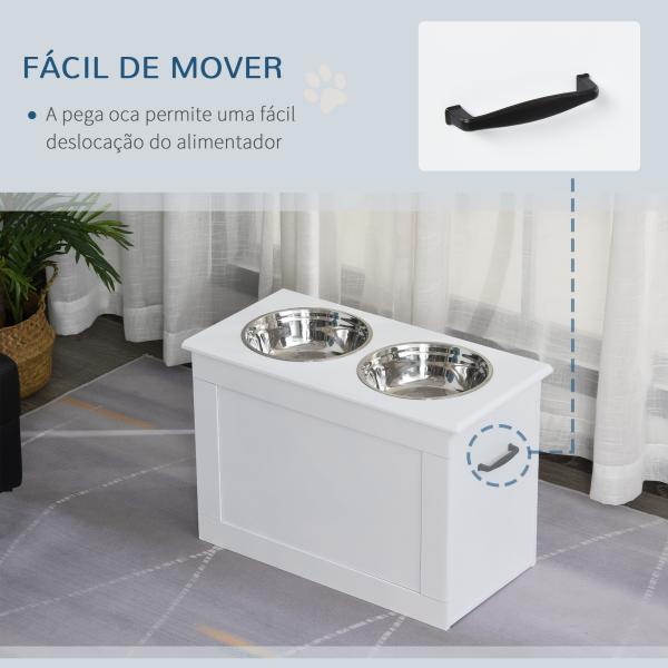 Comedouro Elevado para Cães com 2 Tigelas de Aço Inoxidável e Espaço de Armazenamento Oculto 60x30x41 cm Branco