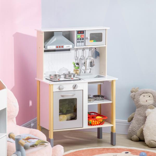 Cozinha Infantil de Madeira Cozinha para Crianças acima de 3 Anos com Altura Ajustável Luz Sons 60x30,5x93,2cm Branco e Cinza