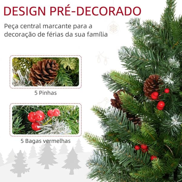Árvore de Natal de Mesa 60 cm com 20 Luzes LED 141 Ramos 5 Pinhas 5 Cachos de Bagas Vermelhas e Suporte de Metal Verde
