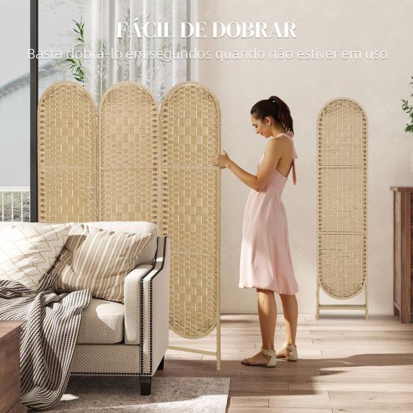 Biombo Separador de Ambientes 3 Painéis 120x170 cm Painel de Privacidade Dobrável Boémio com Topo Arqueado Entrançado à Mão Madeira