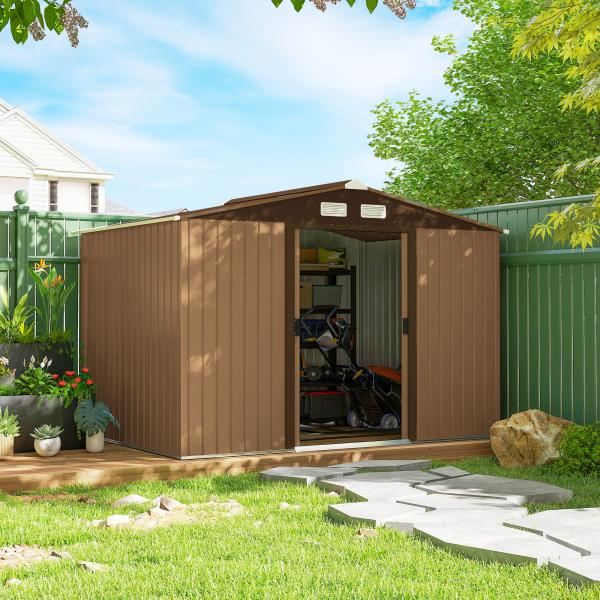 Abrigo de Jardim Exterior 4,83 m² 277x195x192 cm Abrigo e Jardim Metálico para Armazenamento de Ferramentas com Base Incluída e 4 Janelas Castanho
