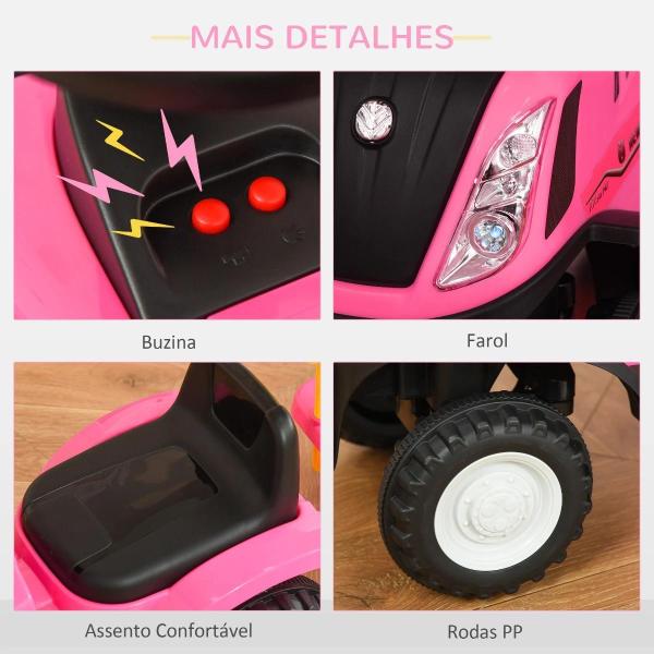 Trator para Crianças de 12 - 36 Meses com Reboque Removível Carro Andador com Buzina Farol Pá e Ancinho Carga 25kg 91x29x44cm Rosa