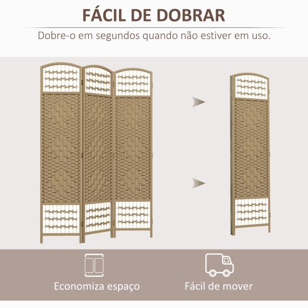 Biombo Separador de Ambientes com 3 Painéis Dobrável em Corda de Papel 120x170 cm Decoração para Quarto Madeira