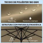 Chapéu de Sol para Jardim Ø2,7 m com Inclinação Ajustável em 3 Posições Manivela e Volante Cáqui