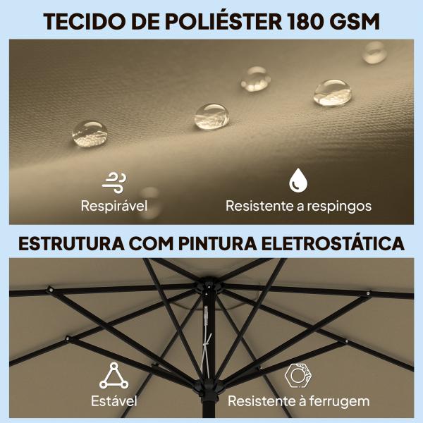 Chapéu de Sol para Jardim Ø2,7 m com Inclinação Ajustável em 3 Posições Manivela e Volante Cáqui