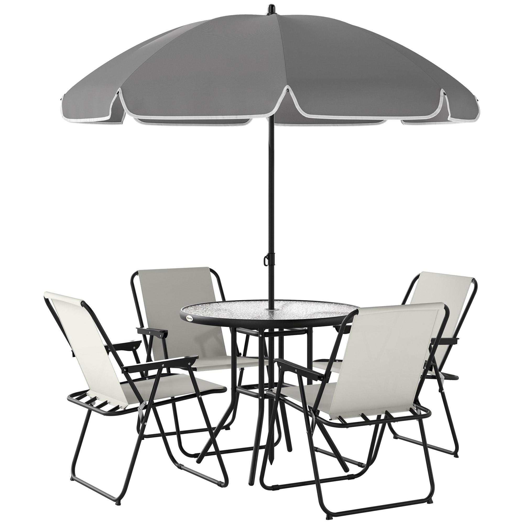 Conjunto de Mesa e Cadeiras de Jardim de 6 Peças com 4 Cadeiras Dobráveis Mesa de Vidro e Chapéu de Sol Creme