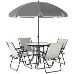 Conjunto de Mesa e Cadeiras de Jardim de 6 Peças com 4 Cadeiras Dobráveis Mesa de Vidro e Chapéu de Sol Creme