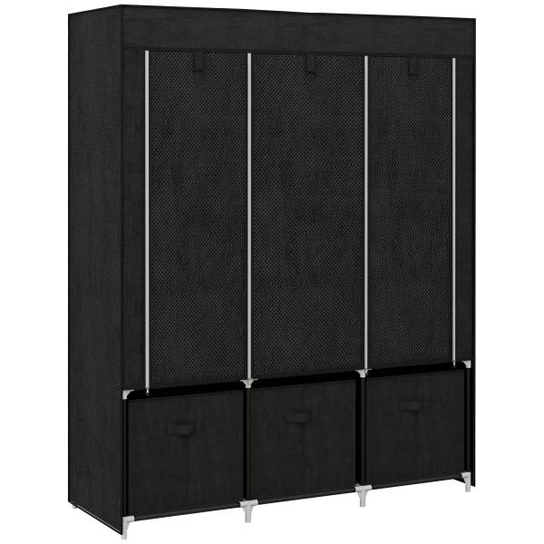 Roupeiro de Tecido com 2 Varões 5 Prateleiras 3 Gavetas Fecho de Correr Estrutura de Aço 125x43x162,5 cm Preto
