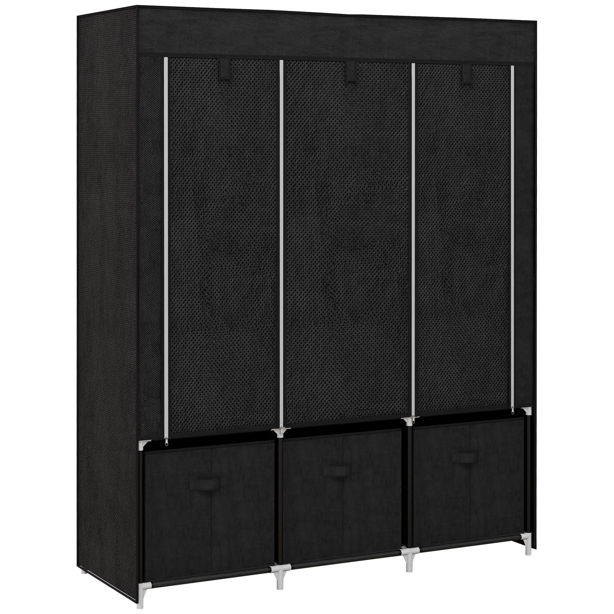 Roupeiro de Tecido com 2 Varões 5 Prateleiras 3 Gavetas Fecho de Correr Estrutura de Aço 125x43x162,5 cm Preto