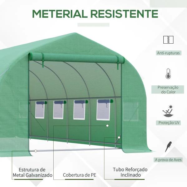 Estufa Tipo Túnel 595x300x200cm Estufa de Jardim Grande com 12 Janelas e Porta Enrolável com Zíper para Cultivo de Plantas Verde