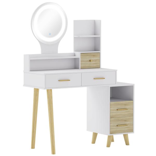 Toucador com Espelho e Luzes LED Ajustáveis 5 Gavetas 4 Compartimentos e 1 Prateleira 100x44x137 cm Branco e Madeira