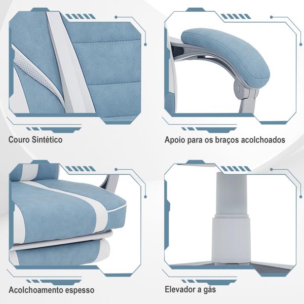 Cadeira Gaming Cadeira de Escritório Reclinável Apoio para os Pés Retrátil Suporte Lombar e Almofada para a Cabeça 63x63x115,5 - 123 cm Azul