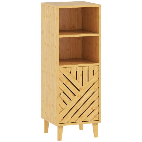 Armário de Casa de Banho Estreito Móvel Auxiliar de Casa de Banho 32x30x90 cm com 2 Prateleiras Abertas e Pés de Bambu Madeira