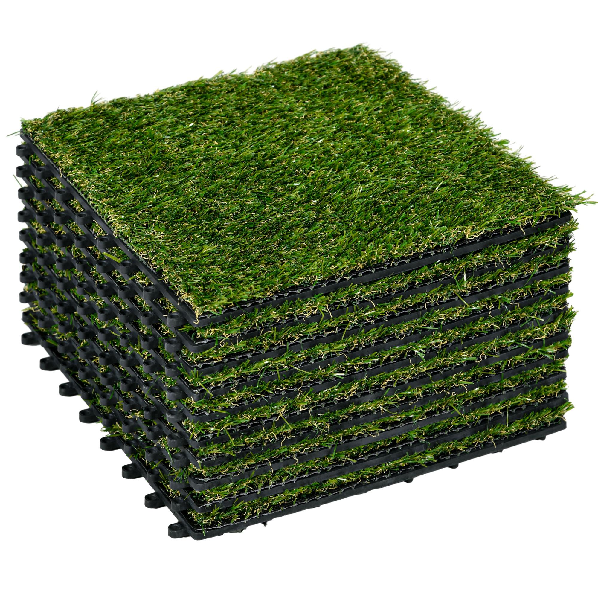 Relva Artificial de 10 Peças Estrado de Relva Sintética 30x30 cm Altura 20 mm Resistente aos Raios UV Verde Escuro