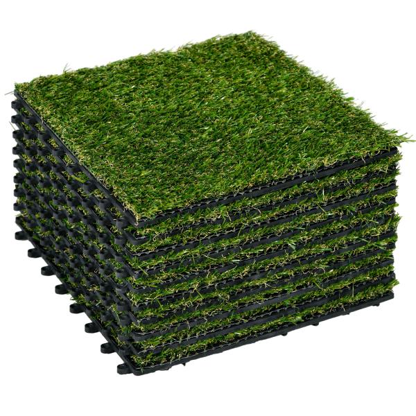 Relva Artificial de 10 Peças Estrado de Relva Sintética 30x30 cm Altura 20 mm Resistente aos Raios UV Verde Escuro