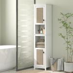 Coluna Casa de Banho com Prateleira Ajustável 2 Portas em Vime e 2 Compartimentos Estilo Boho 40x30x167,5 cm Branco